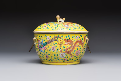 A pair of Chinese famille rose yellow-ground 'Dragon and Phoenix' covered warming bowls and a bowl, Tongzhi marks, 19th C.