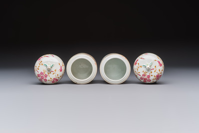 A Chinese famille rose wine pot and a pair of covered wine warming bowls with cups, Qianlong and Wang Fulong Zhi 汪福隆制 marks, 19/20th C.