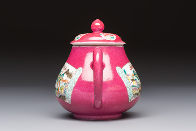 A Chinese famille rose ruby-ground 'Landscape Scroll' teapot and stand, Yongzheng