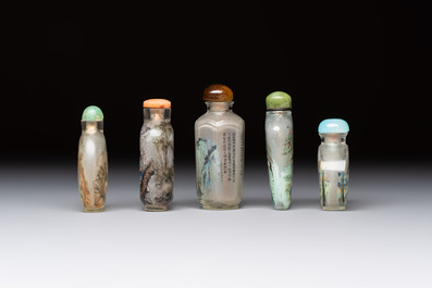Five Chinese inside-painted snuff bottles, signed Chen Runpu 陈润璞 and Sun Xuecun 孙雪村, 20th C.