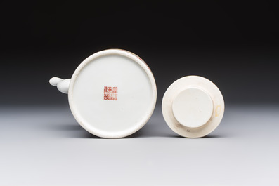 A Chinese famille rose wine pot and a pair of covered wine warming bowls with cups, Qianlong and Wang Fulong Zhi 汪福隆制 marks, 19/20th C.