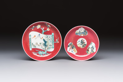Two Chinese famille rose ruby-ground 'Landscape Scroll' cups and saucers, Yongzheng
