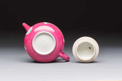 A Chinese famille rose ruby-ground 'Landscape Scroll' teapot and stand, Yongzheng
