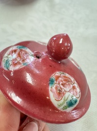 A Chinese famille rose ruby-ground 'Landscape Scroll' teapot and stand, Yongzheng