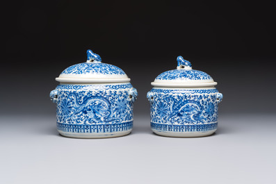 Two Chinese blue and white 'Chilong' covered warming bowls, Guangxu mark and of the period