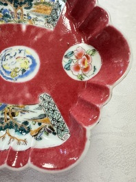 A Chinese famille rose ruby-ground 'Landscape Scroll' teapot and stand, Yongzheng