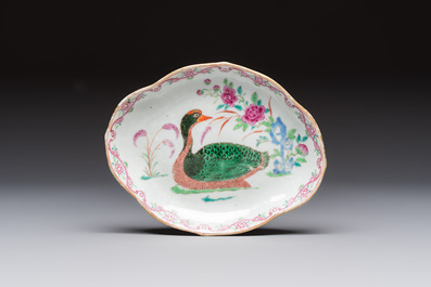 A Chinese export famille rose goose-form tureen and stand, Qianlong