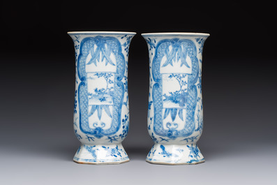 A rare Chinese blue and white five-piece garniture in Dutch Delft style, Kangxi mark, 19th C.