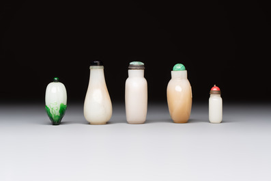 Five Chinese white jade and glass snuff bottles, 19/20th C.