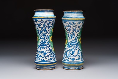 A pair of polychrome Italian maiolica armorial albarelli, Trapani, ca. 1600