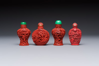 Nine Chinese cinnabar lacquer snuff bottles and a covered box, Qianlong marks, 19/20th C.