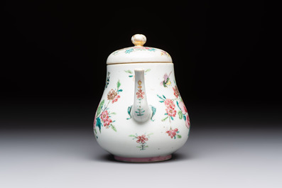 A Chinese famille rose 'Birds and Insects among Flowers' teapot on a later wooden stand, Yongzheng