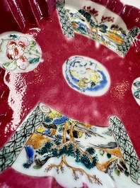 A Chinese famille rose ruby-ground 'Landscape Scroll' teapot and stand, Yongzheng