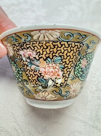A fine Chinese famille rose gilt-decorated 'Elegant Beauty' cup and saucer, Yongzheng