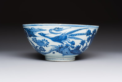 A Chinese blue and white 'Pheasants' bowl, Chenghua mark, late Ming