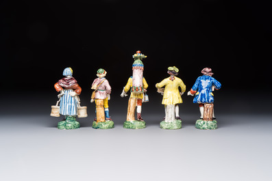 Five polychrome Delftware models of figures from everyday life, probably Desvres, France, 19th C.