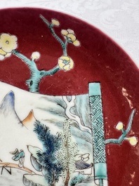 Two Chinese famille rose ruby-ground 'Landscape Scroll' cups and saucers, Yongzheng