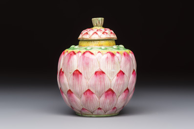 A Chinese famille rose 'Lotus Bud' tea caddy and cover, Qianlong mark, 19th C.
