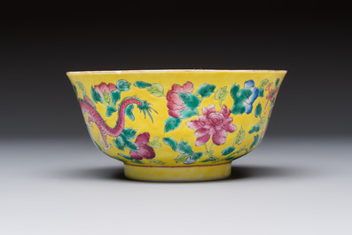 A pair of Chinese famille rose yellow-ground 'Dragon and Phoenix' covered warming bowls and a bowl, Tongzhi marks, 19th C.
