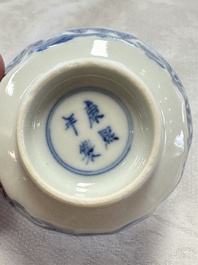11 Chinese blue and white cups and 10 saucers, Kangxi and jade marks, 18/19th C.