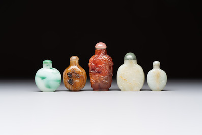 Five various Chinese jade, jadeite, agate and glass snuff bottles, 19th C.