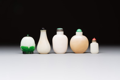 Five Chinese white jade and glass snuff bottles, 19/20th C.