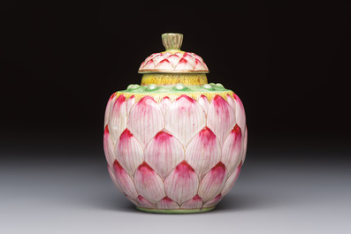 A Chinese famille rose 'Lotus Bud' tea caddy and cover, Qianlong mark, 19th C.