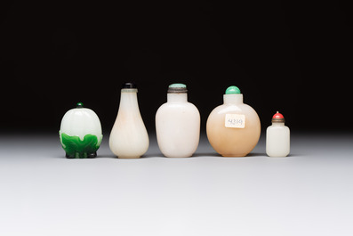 Five Chinese white jade and glass snuff bottles, 19/20th C.
