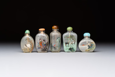 Five Chinese inside-painted snuff bottles, signed Chen Runpu 陈润璞 and Sun Xuecun 孙雪村, 20th C.