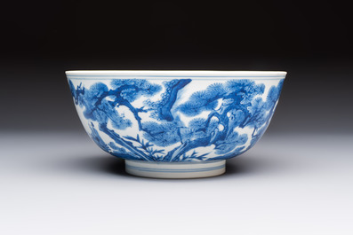 A Chinese blue and white bowl with scholars among cranes and deer, Kangxi mark and of the period