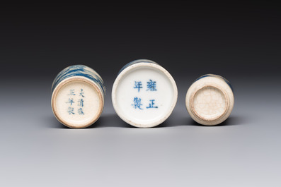 Three Chinese blue and white snuff bottles with landscapes and 'Buddhist Lions', Yongzheng marks, 19th C.