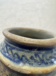 A blue and white Antwerp maiolica albarello inscribed 'PV:PVERPERL', 16th C.