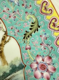 Two Chinese famille rose dishes and a plate with elegant beauties, Qianlong marks, 20th C