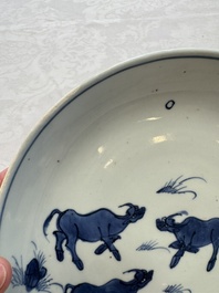 A Chinese blue and white ko-sometsuke 'Buffalo Herder' plate for the Japanese market, Tianqi