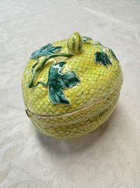 A rare Chinese green-enamelled yellow-ground 'Melon' tureen and cover, 18/19th C.