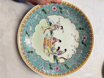 Two Chinese famille rose dishes and a plate with elegant beauties, Qianlong marks, 20th C