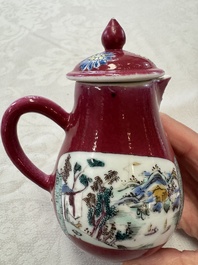 A Chinese famille rose ruby-ground 'Landscape Scroll' covered tea caddy and a covered milk jug, Yongzheng