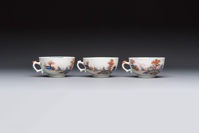 Ten Chinese Imari-style 'Riverscape' cups and saucers, Qianlong