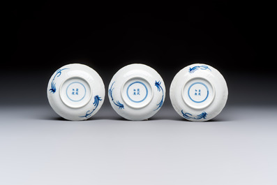 11 Chinese blue and white cups and 9 saucers, Kangxi and jade marks, Kangxi and later