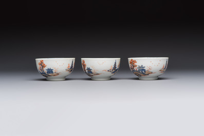 Ten Chinese Imari-style 'Riverscape' cups and saucers, Qianlong