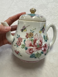 A Chinese famille rose 'Birds and Insects among Flowers' teapot on a later wooden stand, Yongzheng