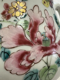 A Chinese famille rose 'Birds and Insects among Flowers' teapot on a later wooden stand, Yongzheng