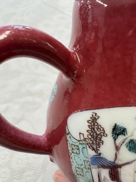 A Chinese famille rose ruby-ground 'Landscape Scroll' covered tea caddy and a covered milk jug, Yongzheng