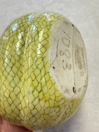 A rare Chinese green-enamelled yellow-ground 'Melon' tureen and cover, 18/19th C.