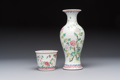 Five Chinese famille rose wares with floral design, Qianlong and Hongxian marks, Republic