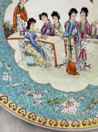 Two Chinese famille rose dishes and a plate with elegant beauties, Qianlong marks, 20th C