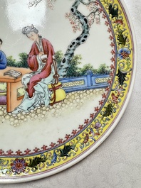 Two Chinese famille rose dishes and a plate with elegant beauties, Qianlong marks, 20th C