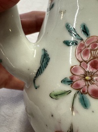 A Chinese famille rose 'Birds and Insects among Flowers' teapot on a later wooden stand, Yongzheng
