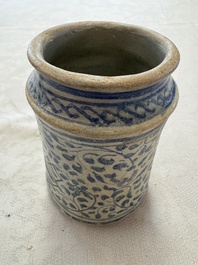 A blue and white Antwerp maiolica albarello inscribed 'PV:PVERPERL', 16th C.