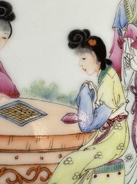 Two Chinese famille rose dishes and a plate with elegant beauties, Qianlong marks, 20th C